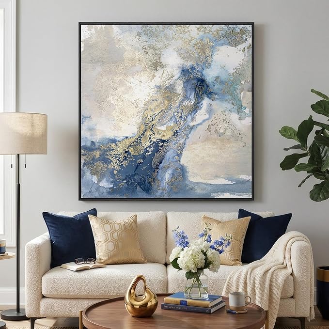 Extra Large Framed Blue Abstract Wall Art for Living Room, Oversized Square Modern Canvas Prints Paintings for Walls, Minimalist Blue White Gold Pictures for Dining Bedroom Hallway Wall Decor 40x40 In