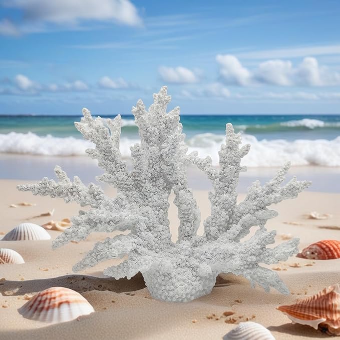 Etlemonde White Coastal Beach Coral Reef Decor Resin Statue - Faux Sea Coral Reef for Bathroom Shelf, Coffee Table, Nautical Beach House Home Decor Accent