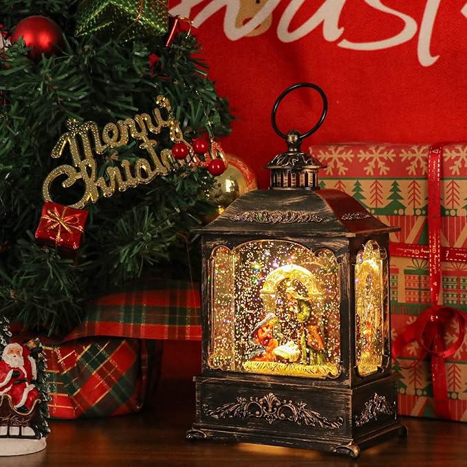 Wondise Christmas Muscal Snow Globe with Timer, USB Plug-in & Battery Operated Spinning Water Glitters Lighted Singing Snow Globe Lantern for Christmas Decorations