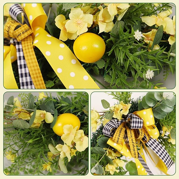Flower Swag, 24 inch Floral Swag with Lemon, Decorative Wedding Welcome Sign with Large Bow for Wedding Arch Front Door Wall Home Decor.