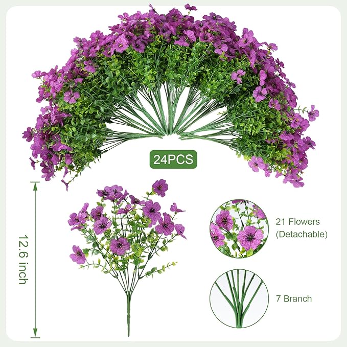 24 Bundles Artificial Flowers for Outdoor Realistic Faux Flower Spring Summer Garden Home Decoration, Hanging Daisy with Eucalyptus Leaves Fake Plants Greenery Balcony Porch Patio Front Door Decor