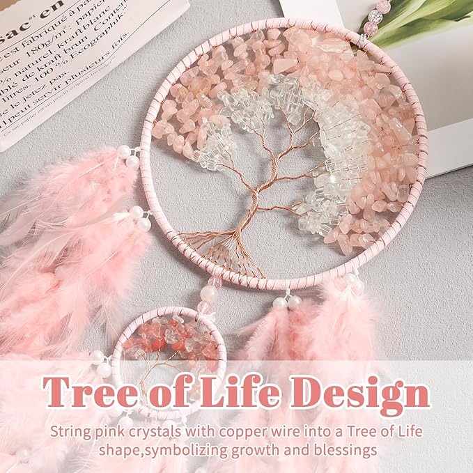 Dream Catcher, Handmade Dreamcatcher with Healing Crystal Stone, Tree of Life Dream Catchers Hanging Ornament for Home Bedroom Birthday Party, Perfect Craft Gift for Kids (Double Pink)