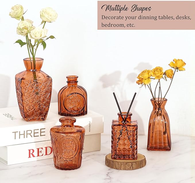 36Pcs Bud Vases Set Small Vintage Glass Bottles Bud Vases in Bulk Multiple Shape Cute Glass Vases for Rustic Wedding Centerpieces Table Decorations and Home Decor (Dark Amber)