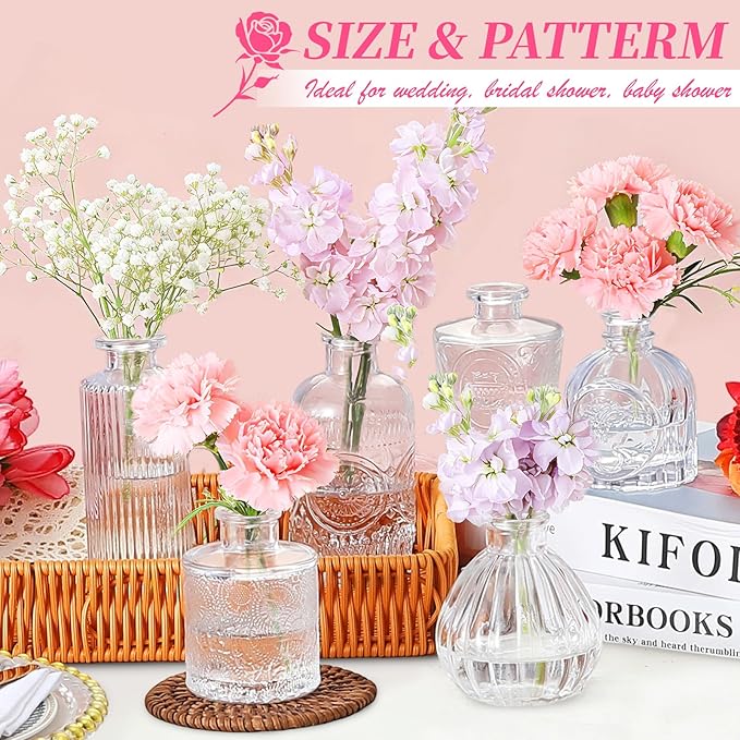 32pcs Glass Bud Vases,Small Clear Vases,Wedding Centerpiece Table Decorations,Clear Vintage Embossed Mini Vase,Flower Arrangements in Vases for Party or Home Decor