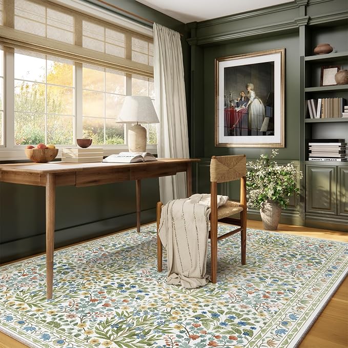 Light Green 5x7 Area Rug - Vintage Floral Washable Bedroom Rug for Living Room, Nursery, Dining Room - Low Pile, Non-Slip, Stain Resistant, Retro Indoor Floor Rug