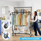 Heavy Duty Clothes Rack, Rolling Clothing Rack With Shelves Load 450 LBS, Double Rod Clothing Racks with Wheels for Hanging Clothes, Black