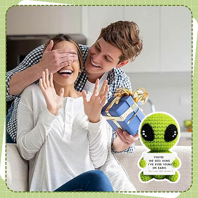 3.5 inch Positive Alien Handmade Knitted Wool Doll with Positive Card Inspiring Gifts for Cheer Up Emotional Support Encouragement Friends