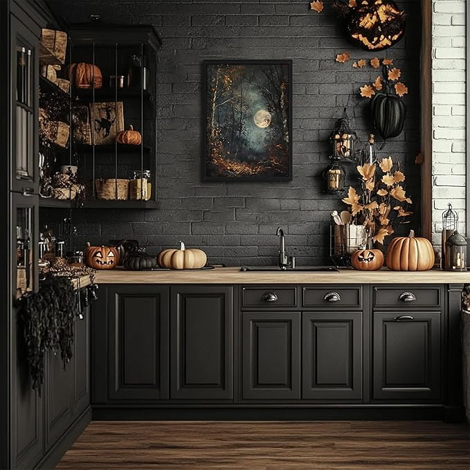 Vintage Framed Wall Art, Forest Gothic Decor, Dark Academia Celestial Moon Canvas Prints, Moody Landscape Painting Wall Decor for Living Room Bedroom – Black Wooden Frame 16x24in