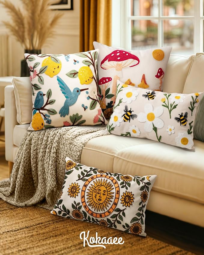 Embroidered Throw Pillow Cover 20x20 Inch - Spring Summer Boho Decorative Pillow Cover with Zipper for Living Room Couch Sofa Bed Aesthetic Design Bird Lemon Cushion Pillowcase