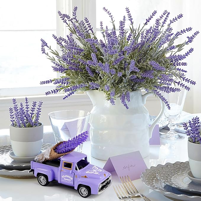 Lavender Truck Decor with Flowers, Purple Floral Pickup Truck with Butterfly, Rustic Farmhouse Tabletop Centerpiece, Spring Country Home Office Kitchen Tiered Tray Decor