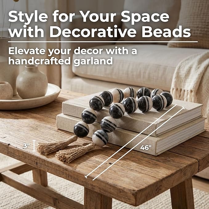 Sagebrook Home Modern Decorative Beads Garland - Handcrafted Resin & Jute - Boho Farmhouse Style - Home & Office Accent - 3" Ivory, White, Black