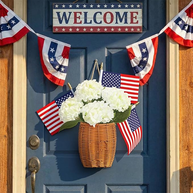 Riceshoot 4th of July Decoration Patriotic Door Hanger Basket Wreath for Front Door Woven Basket 250th Anniversary Hanging Sign with Artificial Hydrangea American Flag for Independence Day Table Decor