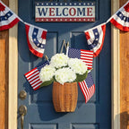 Riceshoot 4th of July Decoration Patriotic Door Hanger Basket Wreath for Front Door Woven Basket 250th Anniversary Hanging Sign with Artificial Hydrangea American Flag for Independence Day Table Decor