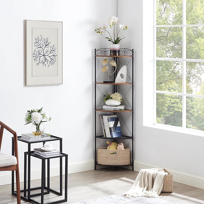 VECELO 5 Tier Corner Shelf with 2 Woven Basket, 55" Tall Standing Organizer, Rustic Brown Storage Rack, Narrow Bookshelf Display Shelves Rack for Wall Corner, Living Room, Kitchen, Bedroom, Office