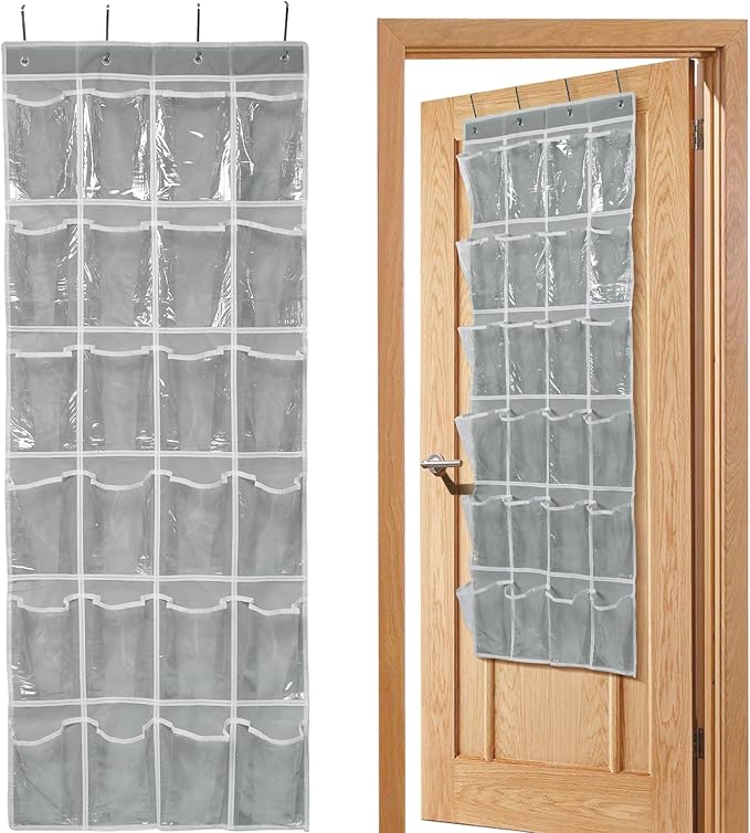Over the Door 24 Pocket Hanging Shoe Organizer, Space Saving Hanging Storage Holder, Gray, (56" X 22.5")