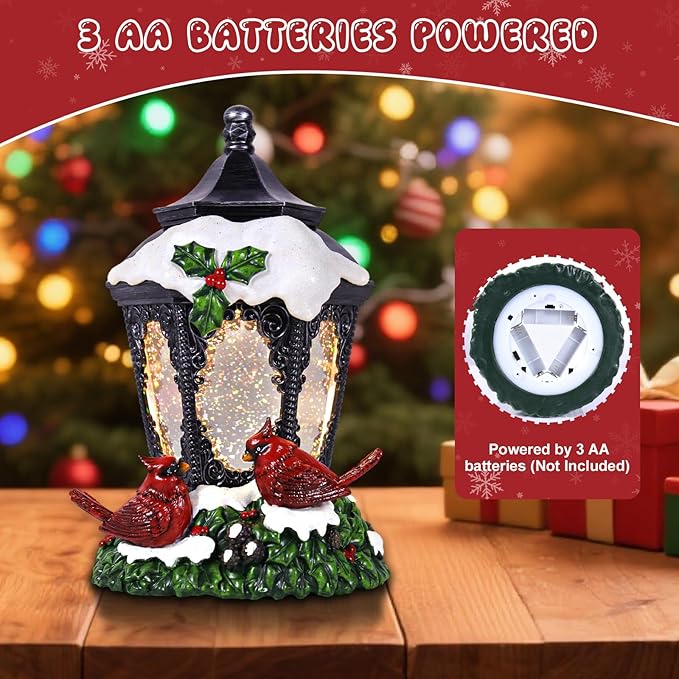 Christmas Snow Globe Lantern Cardinals Water Glittering Globe with 6H Timer Function Christmas Snow Globes 3 AA Battery Operated for Christmas Festival Decorations Gifts (Cardinals)