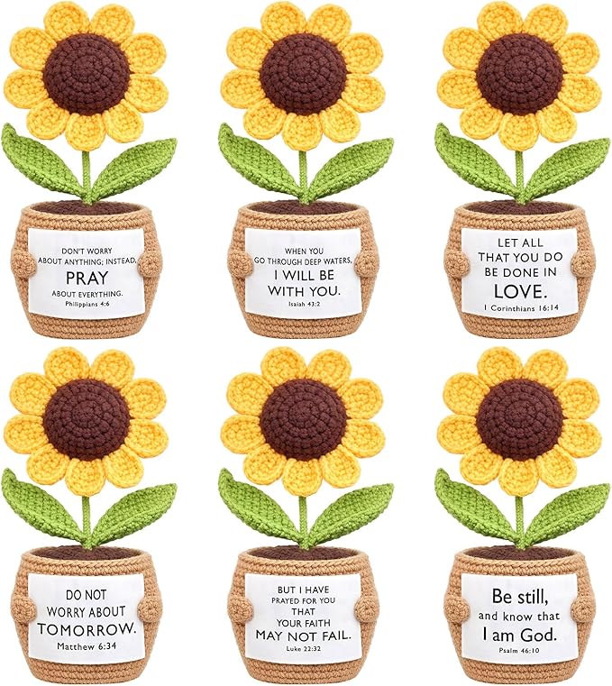 Wavwavw 6 Pcs Christian Gift for Women Inspirational Religious Gifts Positive Faith Scripture Crochet Handmade Bible Verse Crochet Doll with Prayer Card for Vbs Church(Sunflowe)