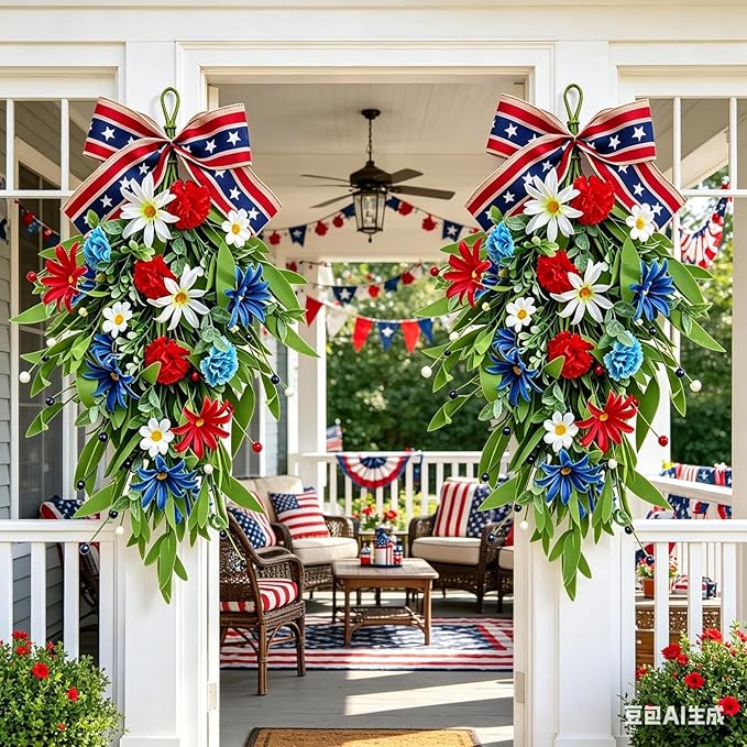 2 Pack 21'' Patriotic Swag Wreaths for Cabinets Artificial 4th of July Teardrop Wreath with Carnations and Daisies Red White Blue Floral for Independence Day Memorial Day Front Door Porch Window Wall
