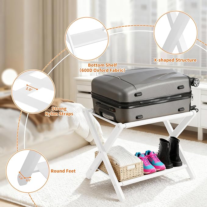 Heybly Luggage Rack, Pack of 2, Folding Suitcase Stand with Storage Shelf, Heavy-Duty Luggage Holder for Guest Room Bedroom Hotel, Holds up to 165 lb, White, HLR010W2