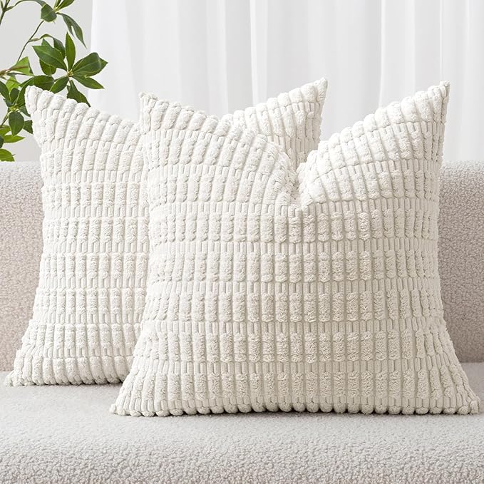 MIULEE Pack of 2 Corduroy Decorative Throw Pillow Covers 18x18 Inch Soft Boho Striped Pillow Covers Modern Farmhouse Home Decor for Sofa Living Room Couch Bed Pure White