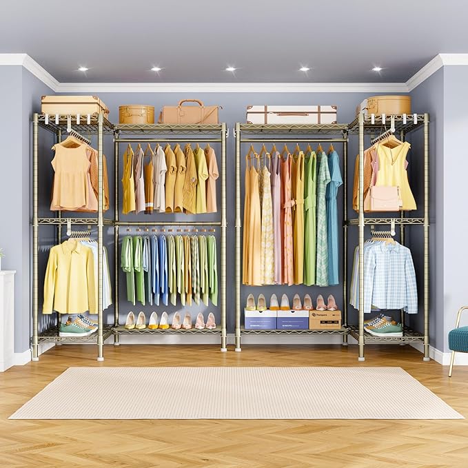 E15 Garment Rack L Shaped Clothes Rack for Corner，Freestanding Clothing Racks for Hanging Clothes，Heavy Duty Closet Organizer with 4 Hanging Rods & 8 S Hooks，43.4" W x 15.8" D x 78.4" H，Gold
