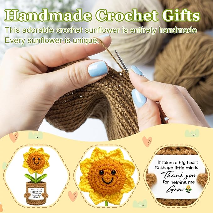 Teacher Gift from Student Teacher Appreciation Gifts for Women Crochet Sunflower Handmade Doll with Positive Card - Thank You for Helping Me Grow Mothers Day Birthday Gift Collectible Doll