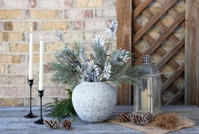 Rustic Farmhouse Textured Ceramic Vase, Large Round Distressed White Pottery Flower Vase for Centerpieces, Kitchen, Living Room, Bedroom, Table Top Decor, Gift & Weddings
