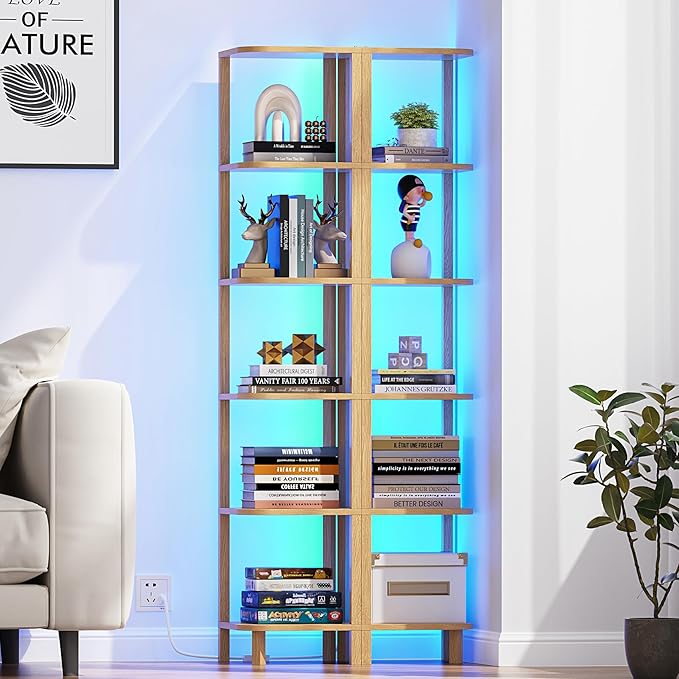 TUTOTAK Corner Shelf with LED Light, 6-Tier Corner Bookshelf for Small Space, Narrow Display Corner Shelf Stand with Storage Rack, for Living Room, Bedroom, Natural BS08BN006L
