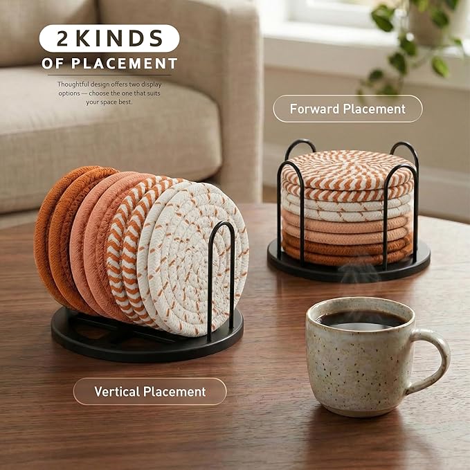 Lazebox Coasters Set of 8 for Drinks, 4 Inch Large Coasters for Coffee Table, Tabletop Protection for Hot & Cold Drinks, Versatile Coasters for Home Decor, Non-Slip & Easy to Clean, Orange