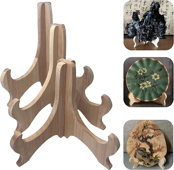RTeng 2 Pack Wooden Display Stand for Sculptures | Plate and Stone Holder | Decorative Support Rack – Stylish Wooden Stands for Display, Plate Stands, Picture Frame Stand (5”, 6”, 7”) (5 Inch)