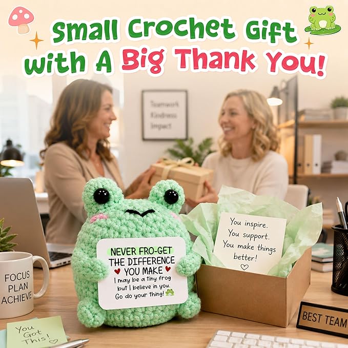 OASSIE Thank You Gifts for Women Men - Frog Positive Crochet Animals - Teacher Appreciation Gifts, Birthday Retirement Gift for Woman Teacher Nurse Coworkers Boss, Emotional Support Crochet