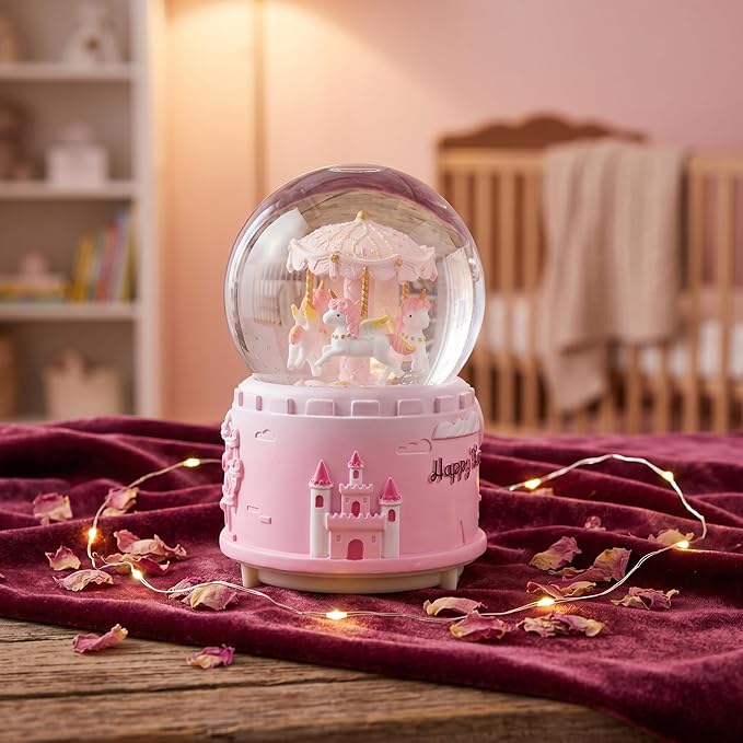 Unicorn Musical Snow Globe for Kids Girls Carousel Music Box with 7 Led Lights Swirling Glitter for Birthday Valentines