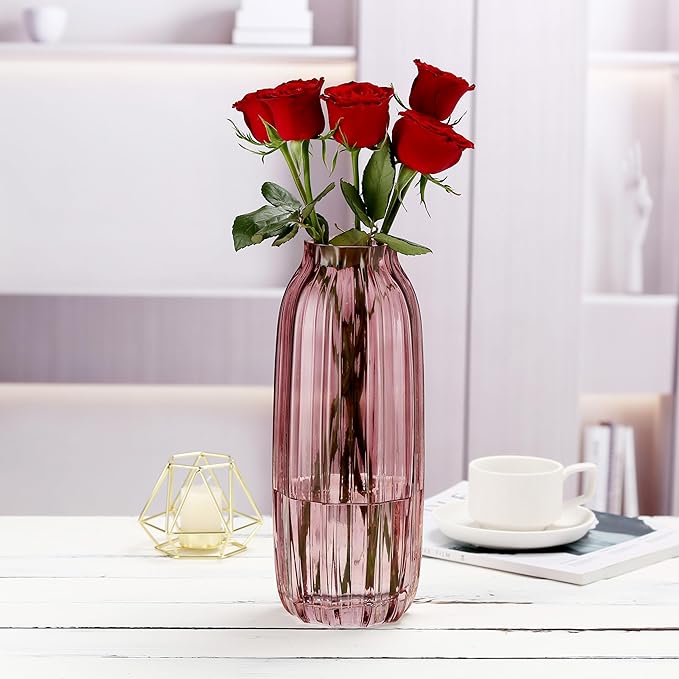 Large Ribbed Tall Pink Glass Vase - 12.0" Decorative Floor Vase for Home Table Centerpieces and Farmhouse
