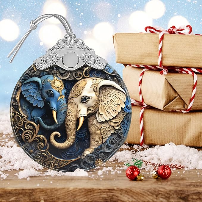 Elephant Christmas Ornament - Stained Glass Hanging Decoration for Holiday Tree, Home Decor - Gift Exchange Idea