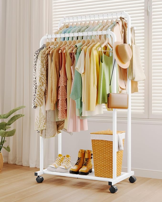 Clothes Rack - Double Rods Clothing Rack with Mesh Shelf, Hooks & Wheels, Metal Clothing Racks for Hanging Clothes & Bags, Multifunctional Garment Rack for Laundry, White, 28.7" x 16.5" x 59.1"