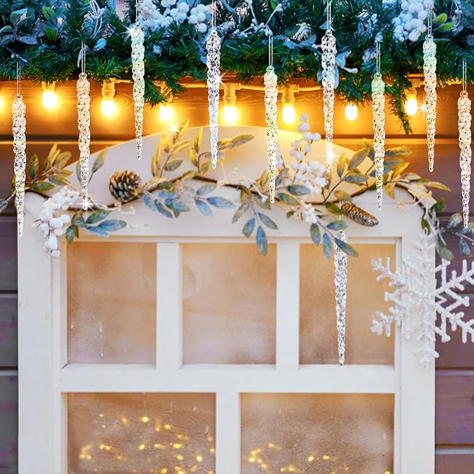 24pk Christmas Icicle Ornaments for Christmas Tree Decorations, Hanging Acrylic Crystal Christmas Ornaments 5.1" Clear Plastic Icicles for Xmas Tree Winter Wonderland Home Decor Holiday Party Supplies