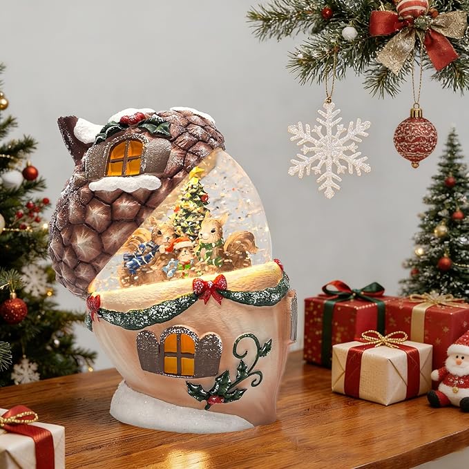 6.5-Inch Lighted Acorn Swirling Water Glitter Globe with Squirrel Family Scene, Battery Operated, 8H Timer, Holiday Sparkling Gift and Indoor Christmas Home Décor (Acorn)
