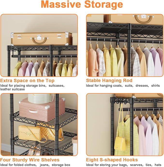 Ulif F4 Heavy Duty Clothes Rack (With Hanger Rod) Freestanding Clothing Racks for Hanging Clothes，Adjustable Closet Organizer System, Portable Garment Rack 45"W x 15.8"D x 71.3"H,Max Load 600LBS,Black