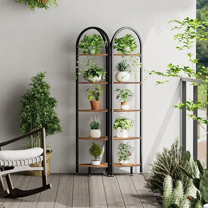 Homhedy 5-Tier Arched Corner Shelf Stand, Wall Corner Bookshelf with Metal Frame, Plant Stand, Industrial Storage Rack Shelf for Living Room, Bedroom, Office, Bathroom, Rustic Brown and Black