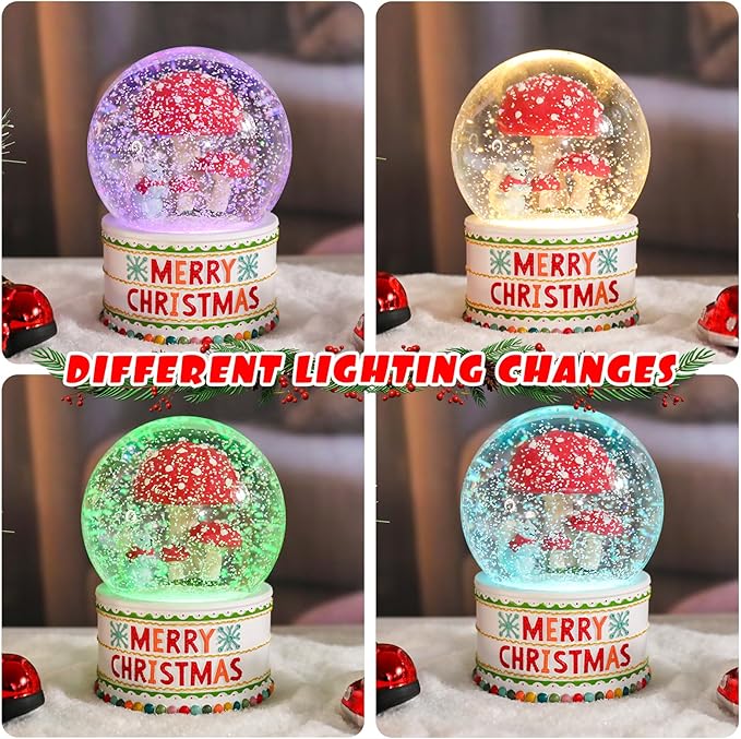 Vipush Christmas Snow Globe -Squirrels & Mushrooms Musical Snow Globe with Color Changing Led Lights, Christmas Decorations with Music Box Gifts for Girls Kids, Decorations for Christmas & Birthday