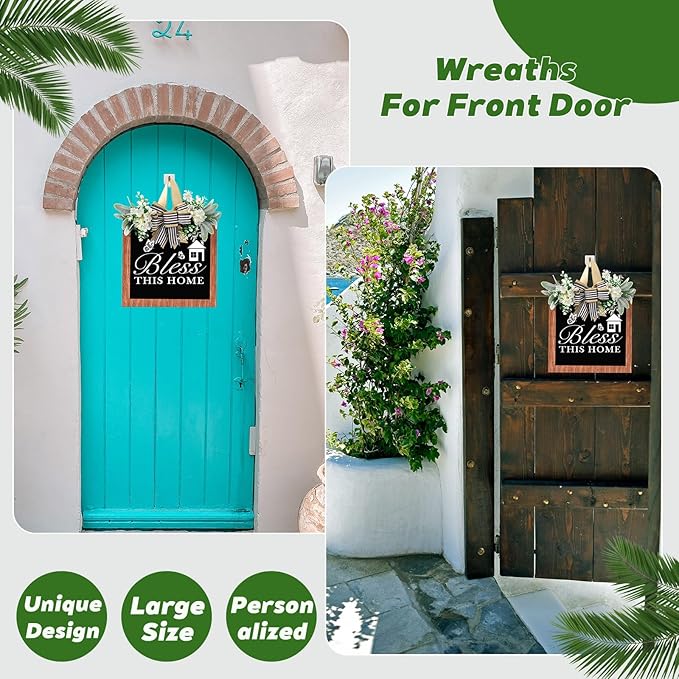14'' Bless This Home and All Who Enter Wooden Door Sign - Welcome Wreaths for Front Door Rustic Bless This House Outdoor sign for Front Door, Housewarming Gift for Front Door Entryway Kitchen Garden and Porch All Seasons