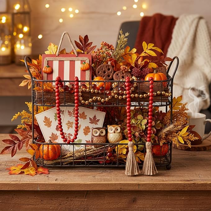 Equsion Seasonal Wooden Bead Garland with Tassels, 3.3 ft Holiday Vintage Boho Bead Garland Easter Tray Decoration, Vase Wall Room Art Birthday Party Decoration(Deep Red)