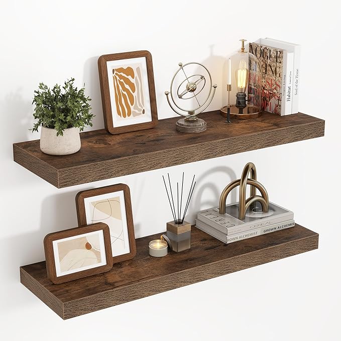 Acovy 32 Inch Floating Shelves, 3D Textured Wood Grain, 32"x9.25"x1.5" Inch Deep Floating Shelves for Wall, Wooden Shelves for Bathroom, Bedroom, Living Room, Brown, 2 Pieces