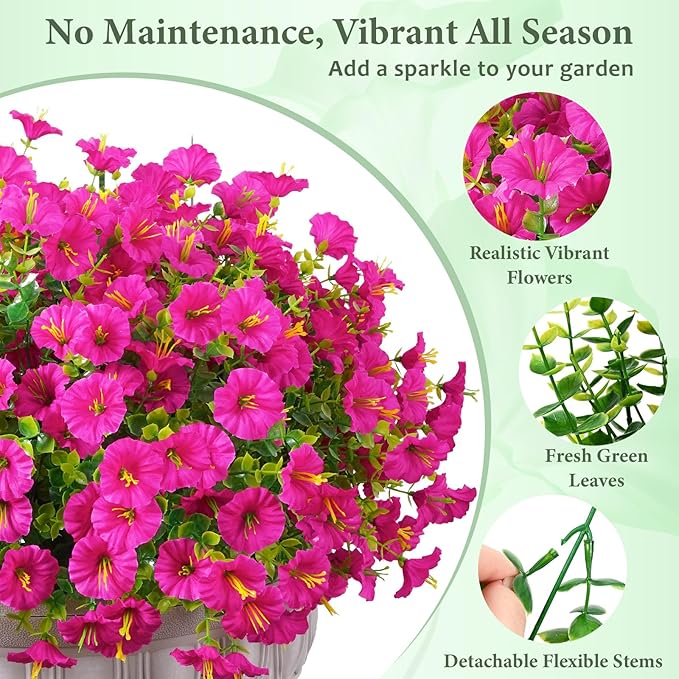 MARTINE MALL 12 Bundles Look Real Artificial Flowers for Outdoors, Realistic Fake Outdoor Flowers, UV Resistant Silk Petunia Flowers for Outside Faux Flowers Plants for Outdoor Porch, Fuchsia