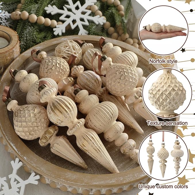 Yunlly 9 Pcs Neutral Christmas Ornaments Textured Christmas Tree Decor with Hanging Loop Modern Brown Hanging Ornaments Finial Shatterproof Decor for Xmas Vintage Rustic Farmhouse (Retro White)