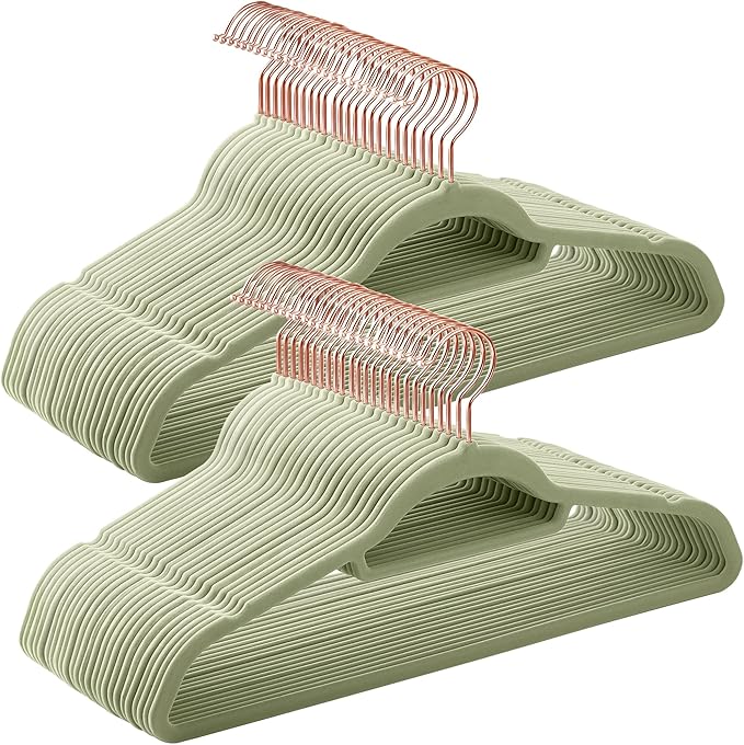 SONGMICS Velvet Hangers, Set of 50 Clothes Hanger with Rose Gold Swivel Hook, Non-Slip, and Space-Saving, 0.2-Inch Thick, 17.1-Inch Long for Coat, Shirt, Dress, Pants, Tie, Lime Green UCRF021GR50