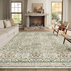 Washable Area Rug 8x10 - Vintage Floral Living Room Rug for Dining Room (Under Table), Bedroom - Stain Resistant, Soft Low Pile, Non-Slip Large Carpet