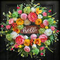 Spring Wreath for Front Door, 24 Inch Artificial Spring and Summer Wreath with Peony, Rose, Orchid, Hydrangea and Gardenia Flowers, Peach, Berries and Hello Wooden Sign, Decor for Indoor Outdoor