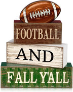 Lineshading 4 Pcs Football Table Decorations Football & Fall Wooden Stacked Block Decor Sport Game Centerpiece Decorative Rugby Block Gift for Fans Club Tailgate Birthday Party Shelf Fireplace Decor