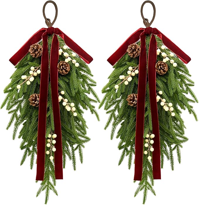 nuvagiki Christmas Teardrop Swag Decorations, 24'' Christmas Teardrop Wreath Artificial Pine Needle Berries Hanging Decor, Red Velvet Bow Swag Decorations for Front Door Mantle Wall Indoor Home Decor